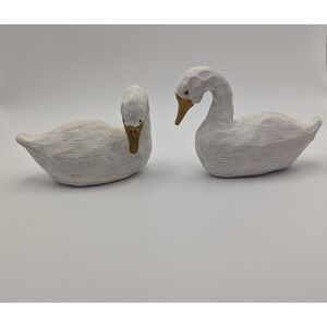 Suzi Signed Handcrafted White Goose Figurines Set of 2 Textured Bird Sculptures